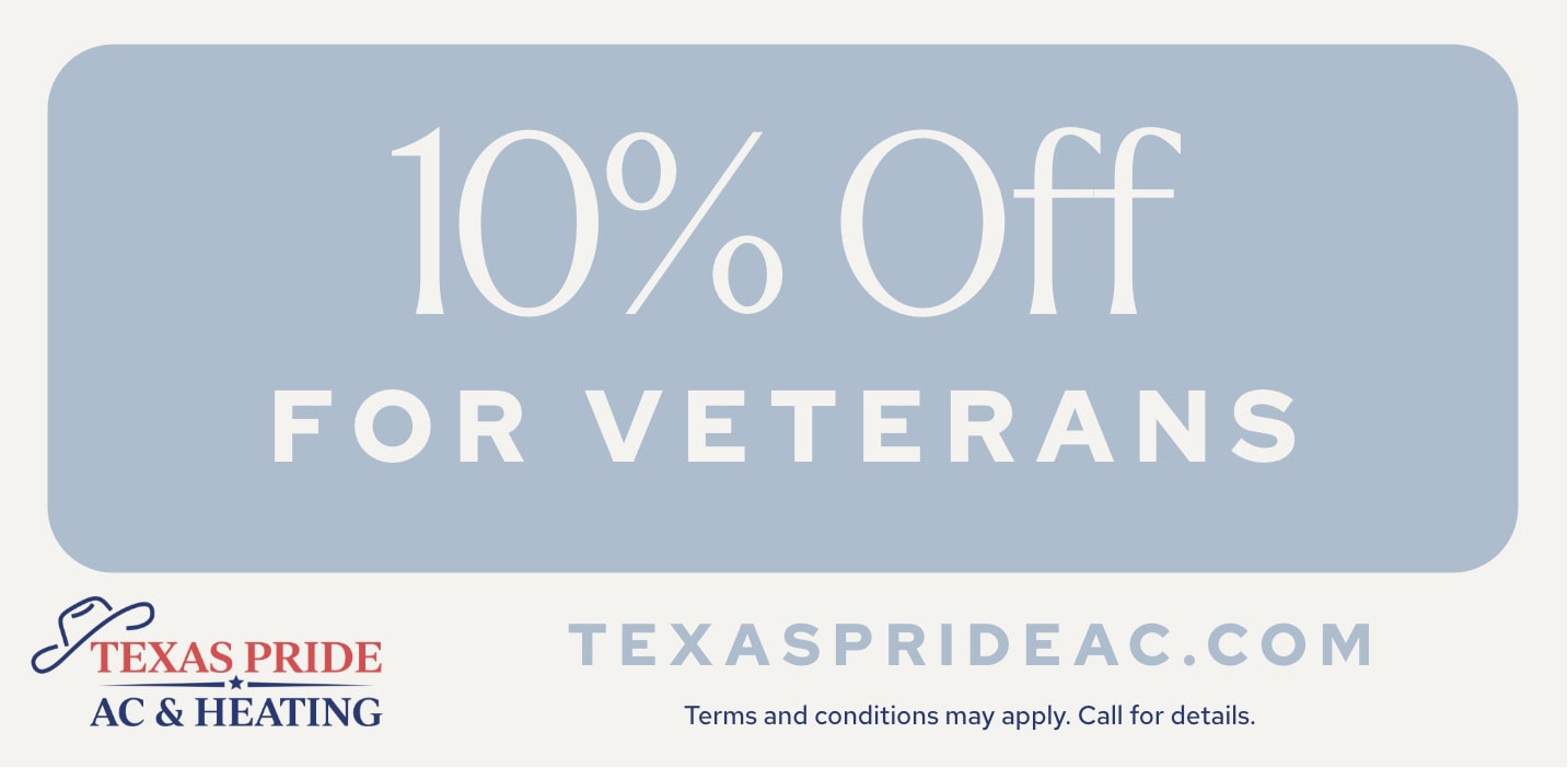 Texas Pride AC & Heating coupon offering 10% off to veterans. Call 713-864-0110 for details.